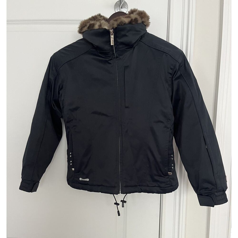 Spyder Girls Black Insulated Leopard Collar Winter Jacket Size L
